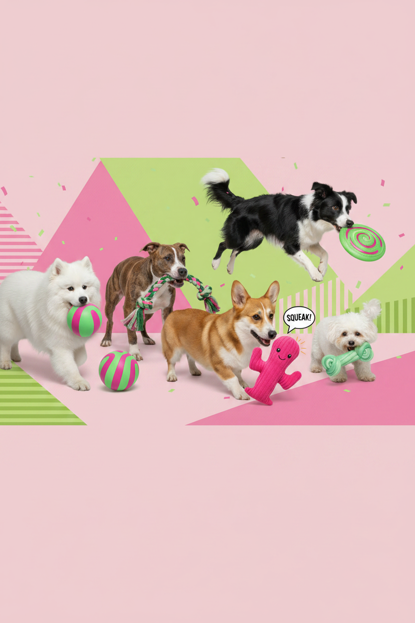 3 Dogs with Toys - Pink & Green Mobile