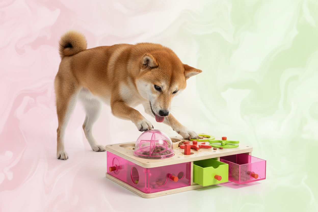 Shiba Inu with pink and green treat toy
